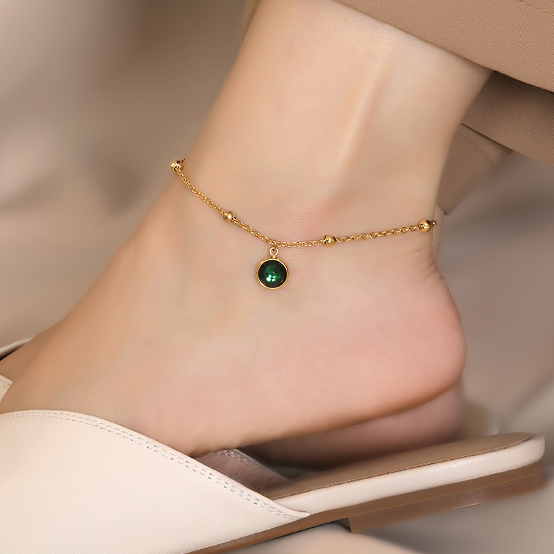Dainty Gold Anklet with Green Crystal Pendant and Beaded Chain